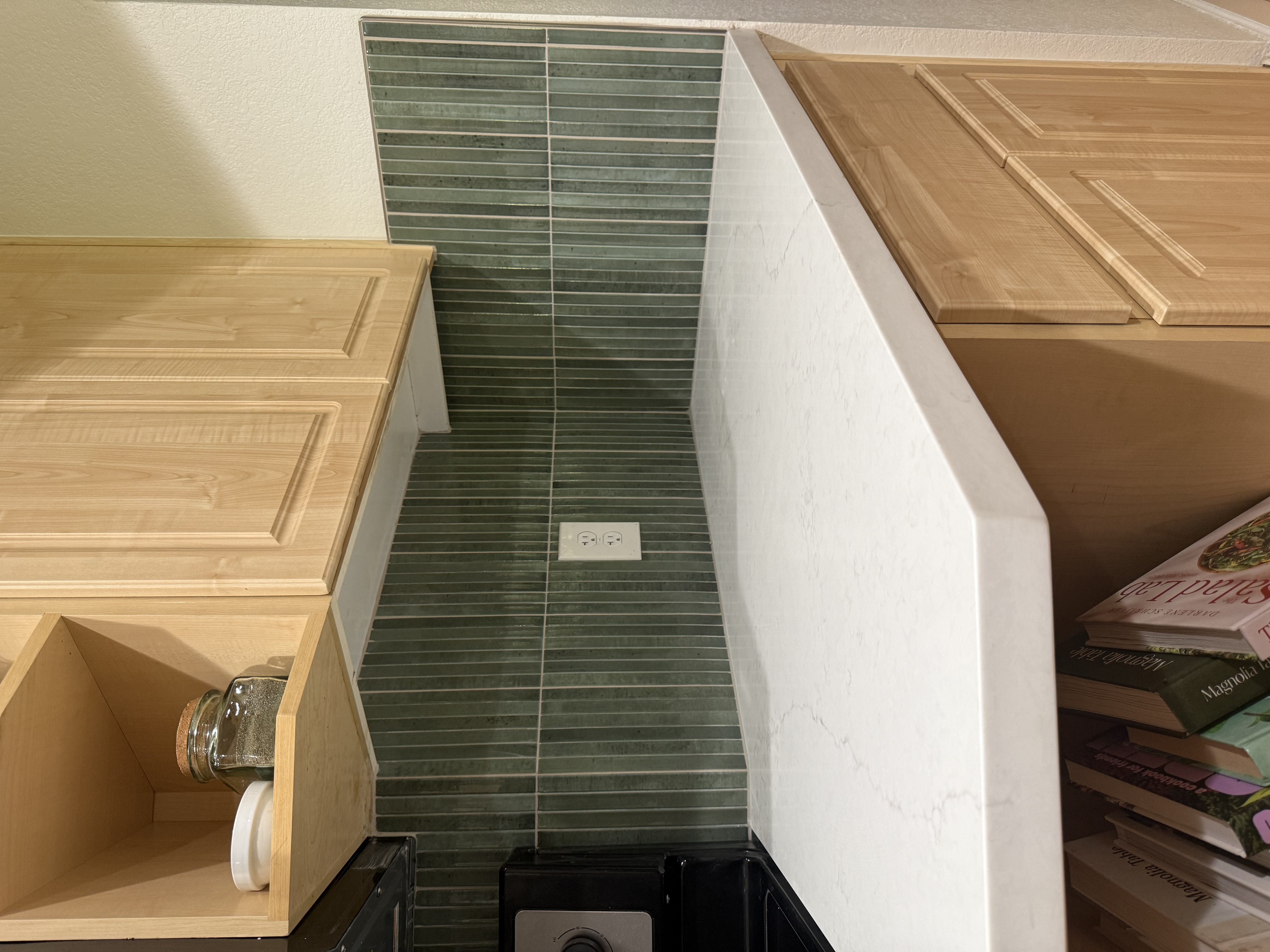 Green stacked tile kitchen backsplash by Level Up Tile